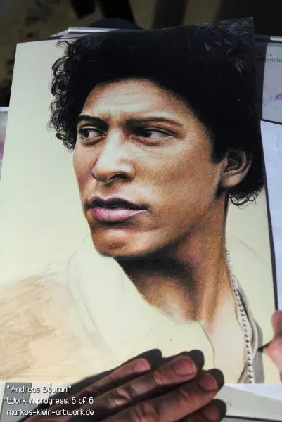 Andreas Bourani WIP 6/6: Working on the clothes. I've made a priming for the leather jacket with the colors that will represent the highlights later on.